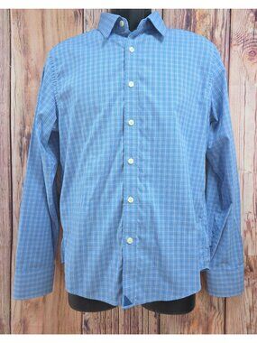 Untuckit Mens Medium Slim Fit Blue Plaid Button-Down Shirt Nylon Blend